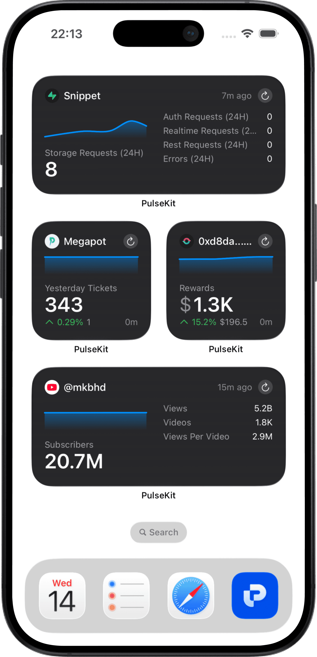 iPhone Home Screen with PulseKit widgets showing revenue, MRR, and KPIs