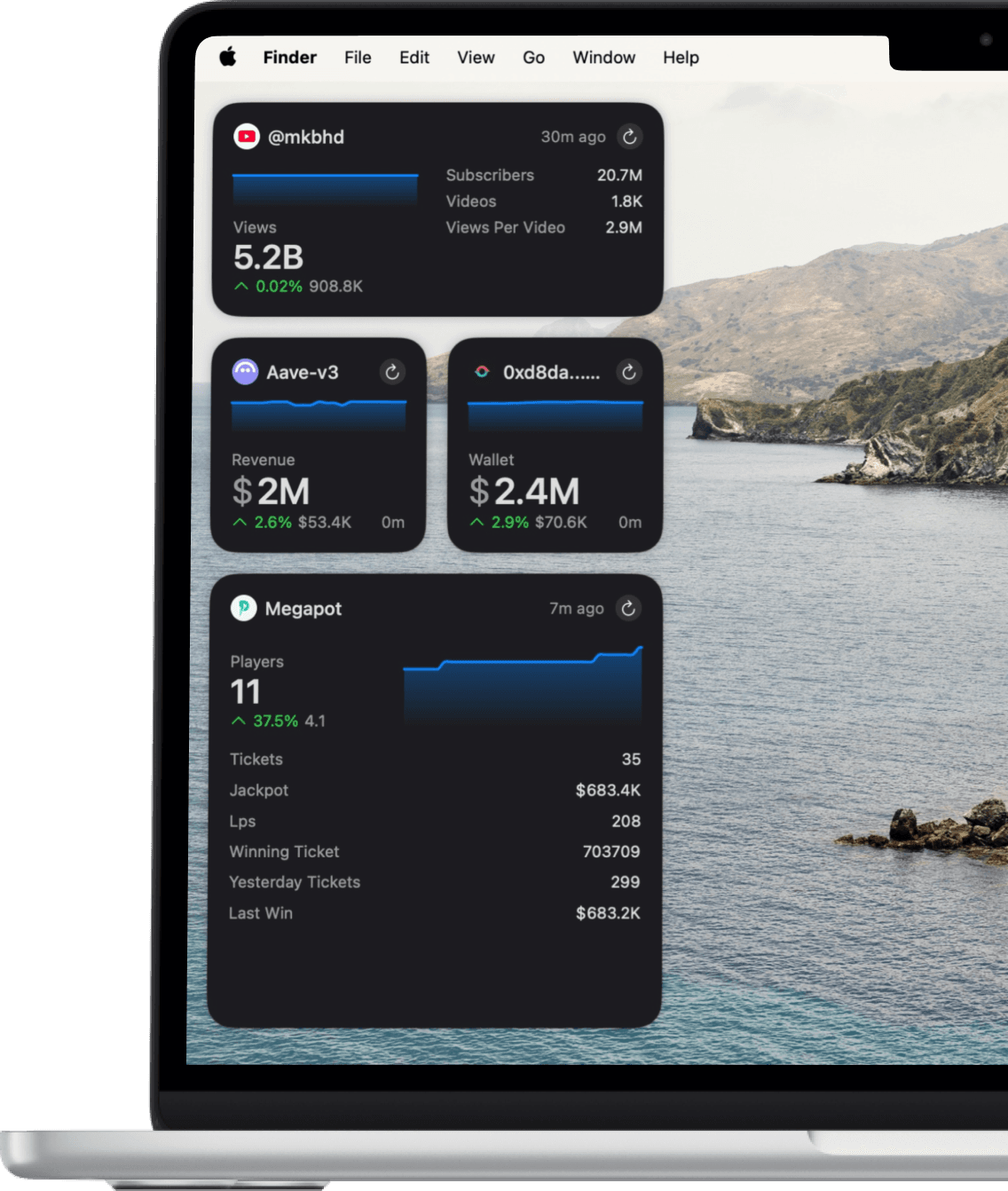 PulseKit widgets on Mac showing revenue and business metrics